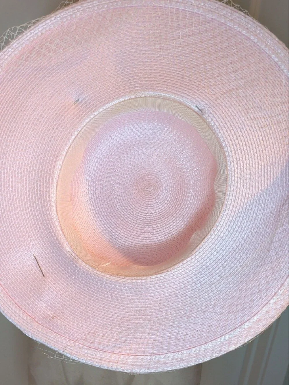 Vintage Pink Wide-Brim Picture Hat with Veil and Floral Trim Pastel Wedding